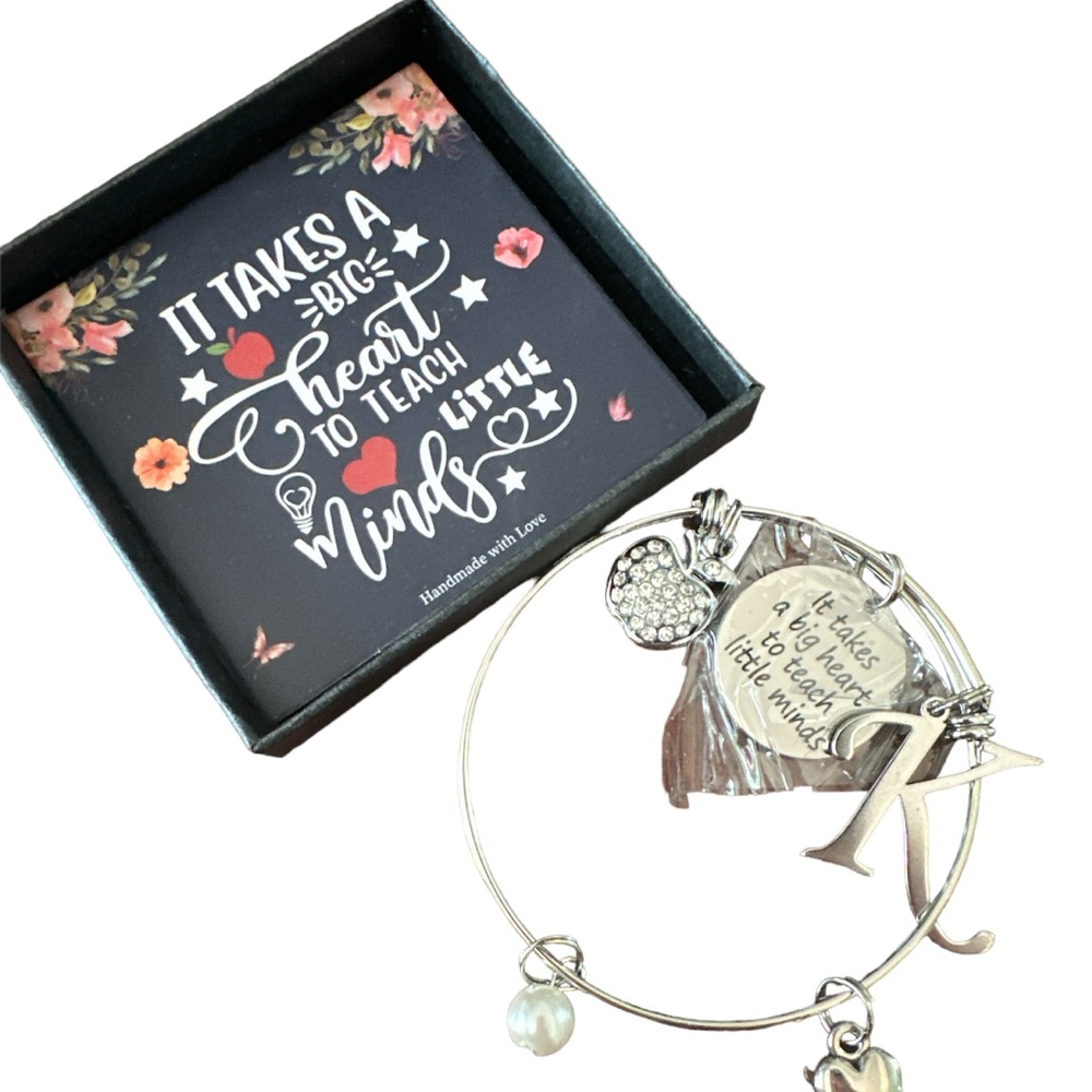 MOOHAM Teacher Bracelet w/ K Monogram, Quote & Silver Apple/Heart (NWT)
